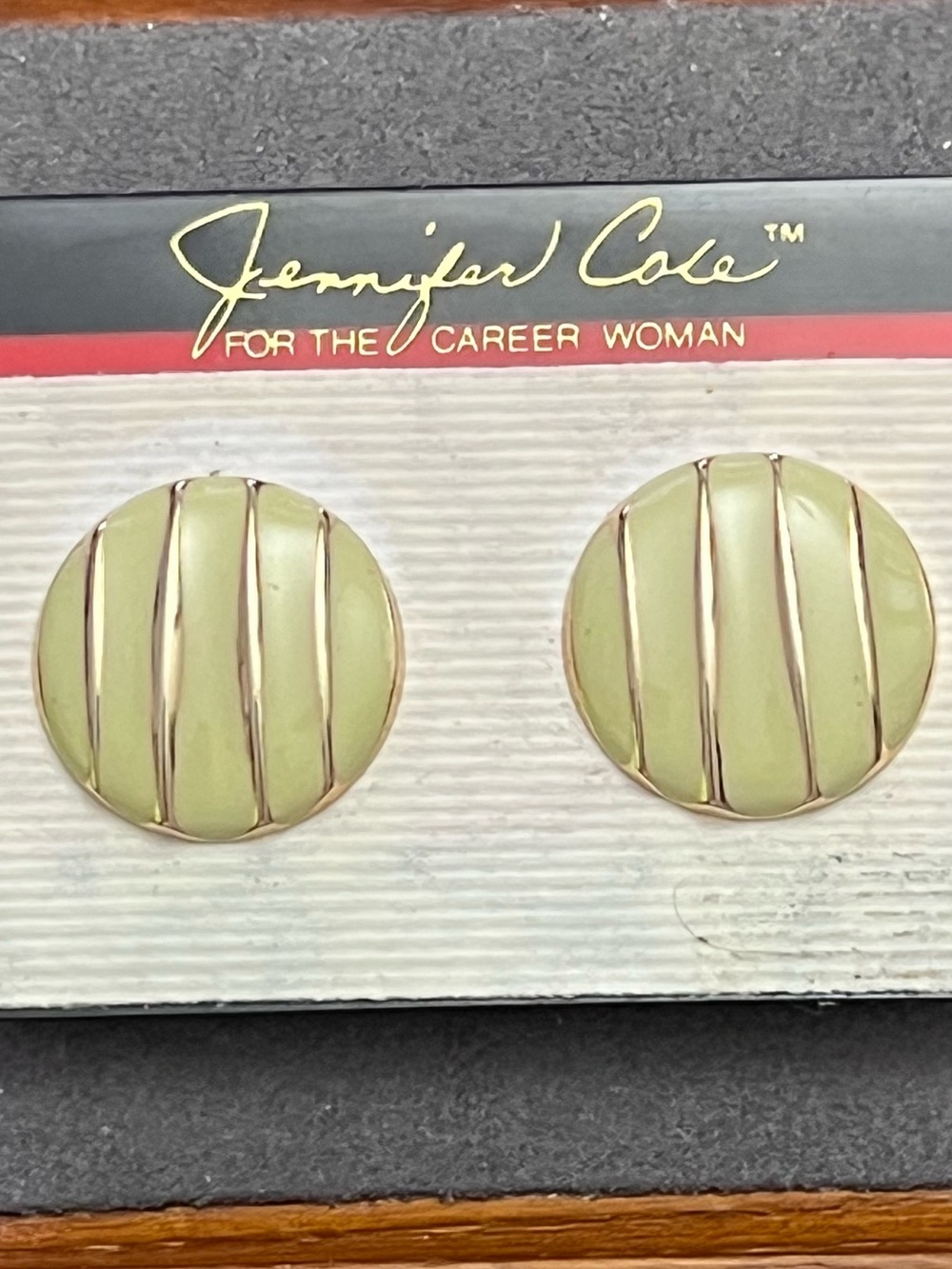 Green Enamel Round Stripe Button Earrings